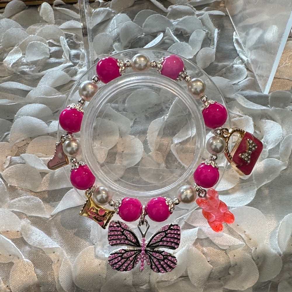 Vibrant Pink and Silver Butterfly Charm Bracelet for Kids